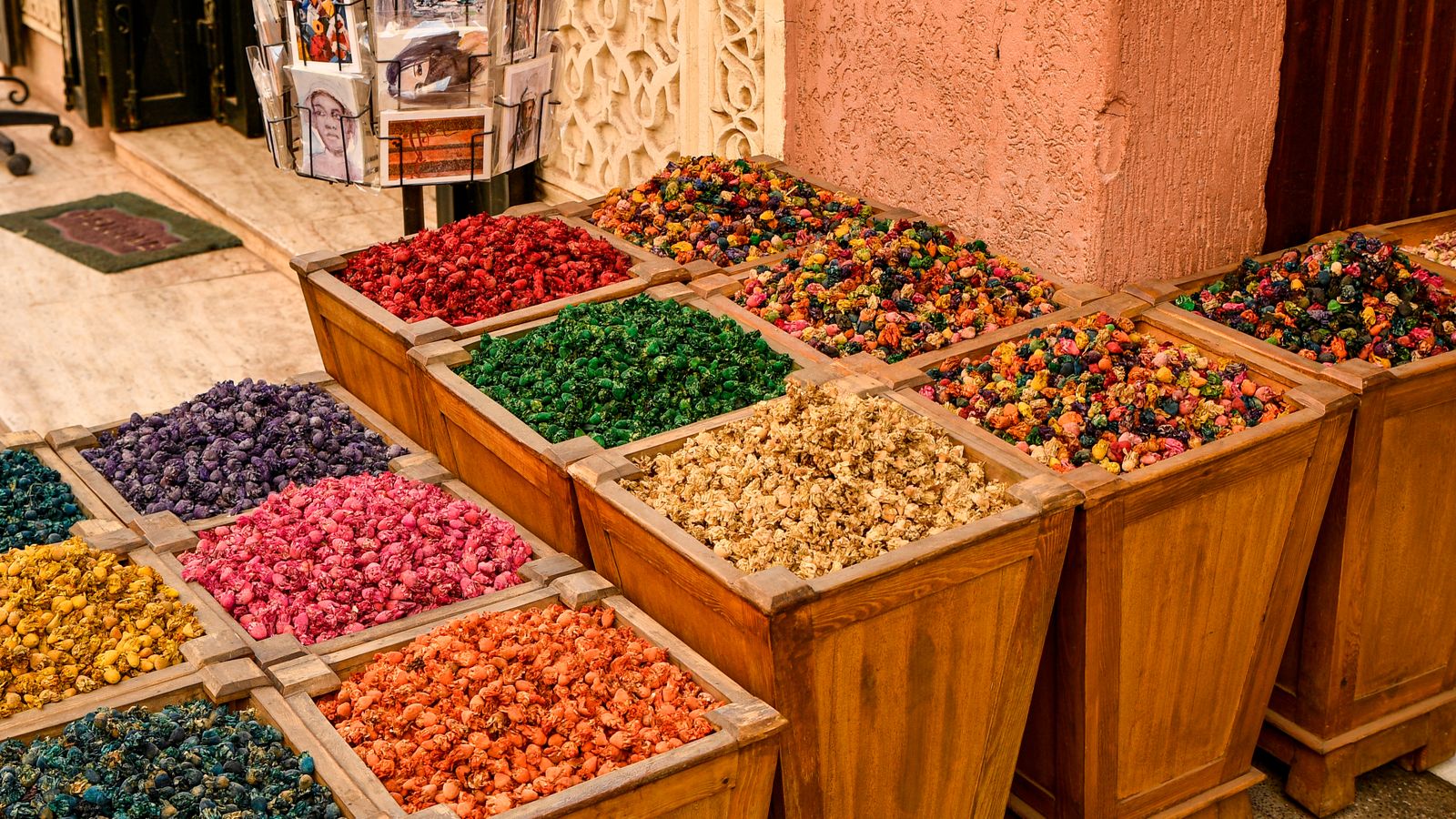 Pyramids of coloured spices on a Marrakech market stall.
